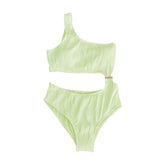 Traje de baño de una pieza con textura sólida, un hombro con botones y huecos